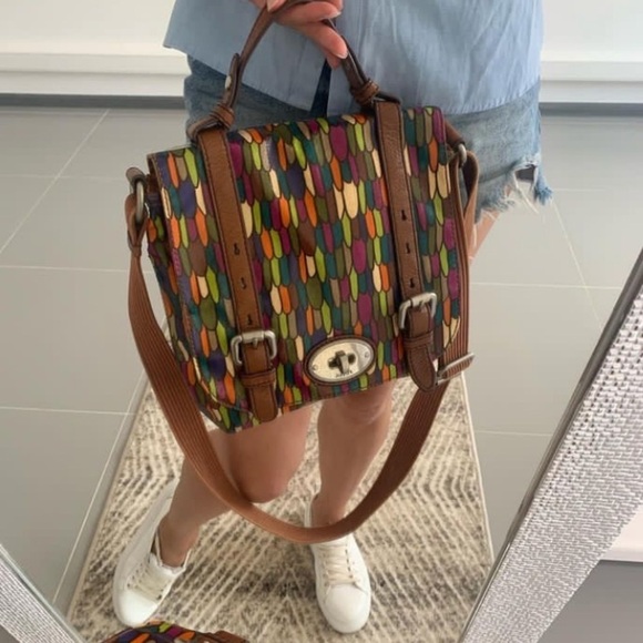 FOSSIL Flap Satchel Messenger Canvas Crossbody Purse‎ Bag colorful leather - Picture 2 of 15